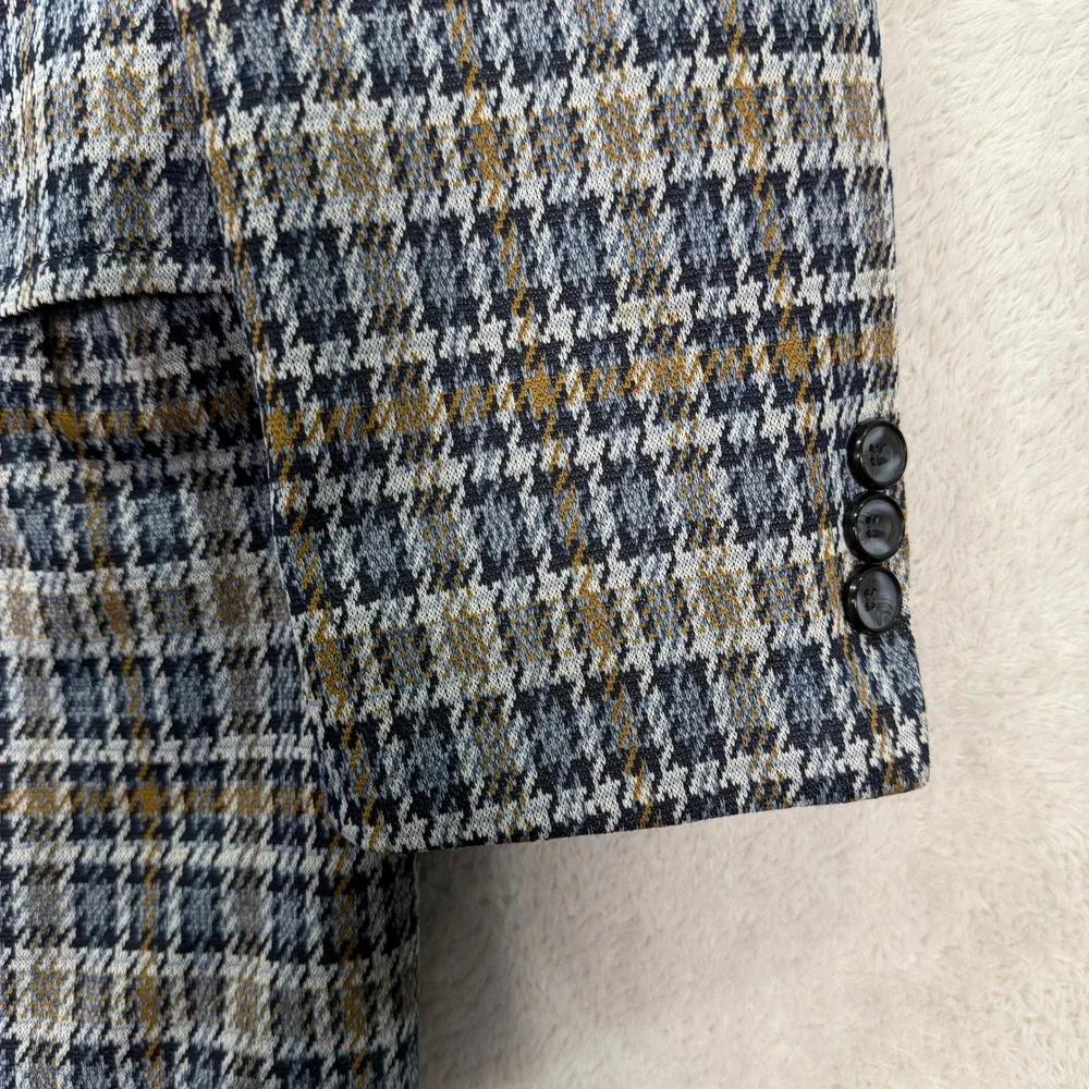 Vintage Sears Men 44XL Travelknit Blazer The Mens Store Blue Brown Plaid 70s USA
